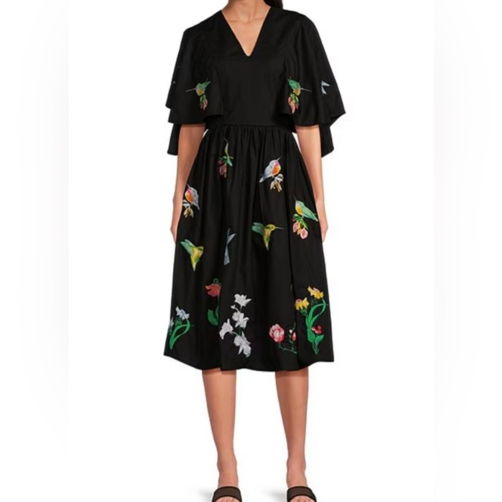 Fanm Mon Swazo V-Neck Cotton Bird Floral Embroidered Midi Dress size Small